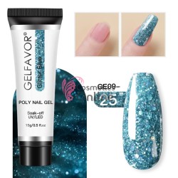 PolyGel UV /LED pentru unghii false GELFAVOR Gel For Nail Extension de 15 ml - GE0925 Glitter Blue